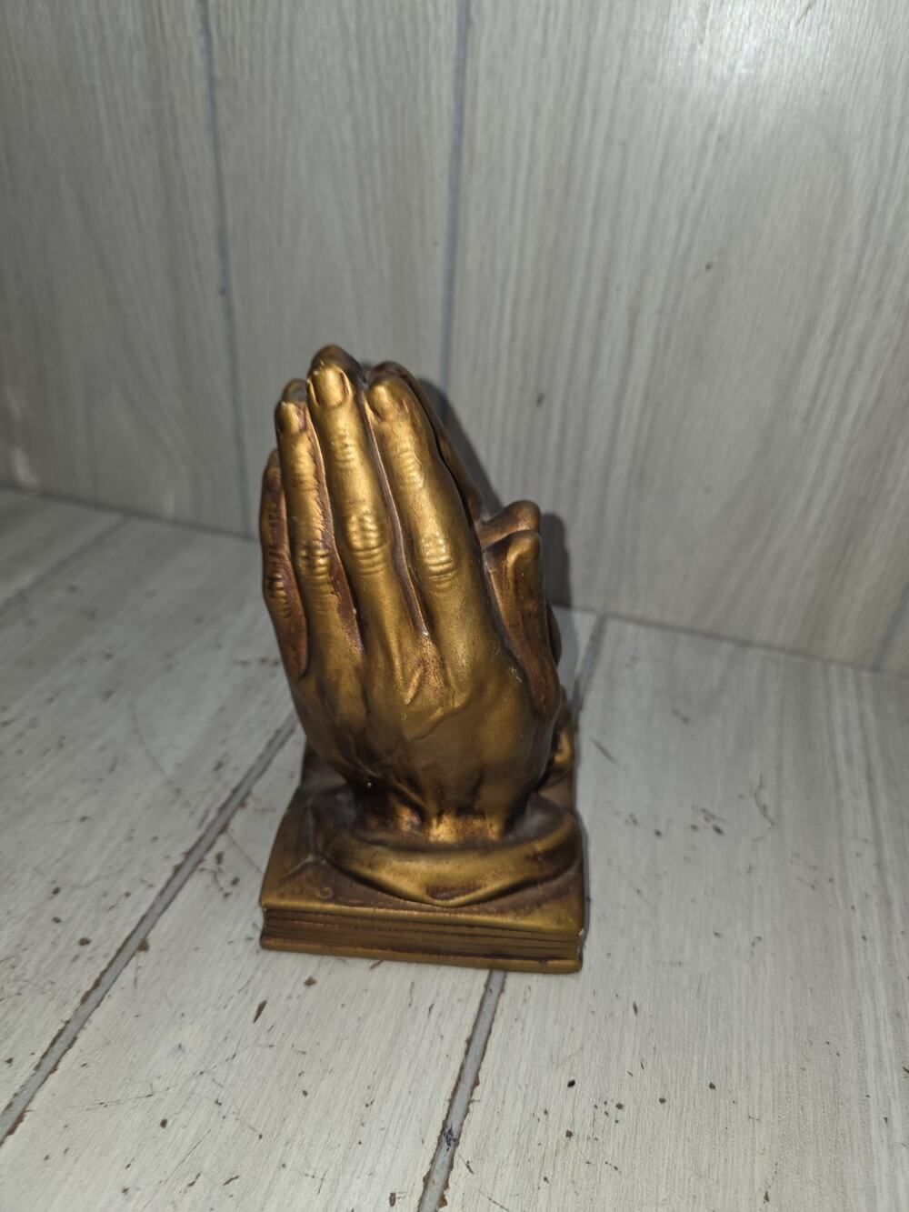 Vintage Praying Hands Sculpture Bronze Gold Finish 6" Chalk Art Religious
